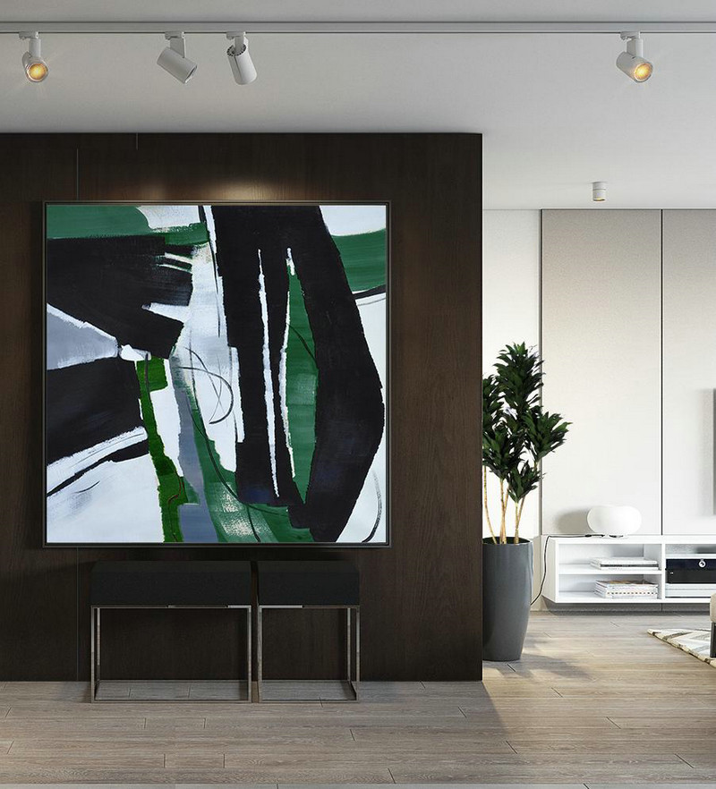 Oversized Dark Green Contemporary Painting On Canvas,Huge Abstract Canvas Art,Dark Green,Balck,White